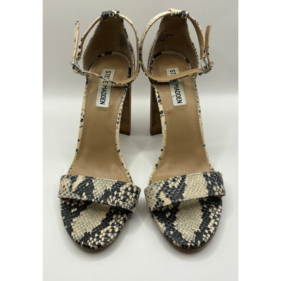 Steve Madden Carrson Leather Open Toe Sandals Womens Sz 9 Grey Snake Block Heel - Picture 1 of 8